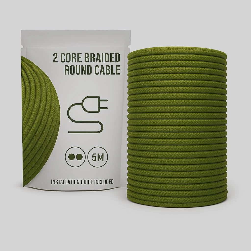 Army green fabric cable with round braided fabric, 2 cores, exposed copper, coiled on a flat surface