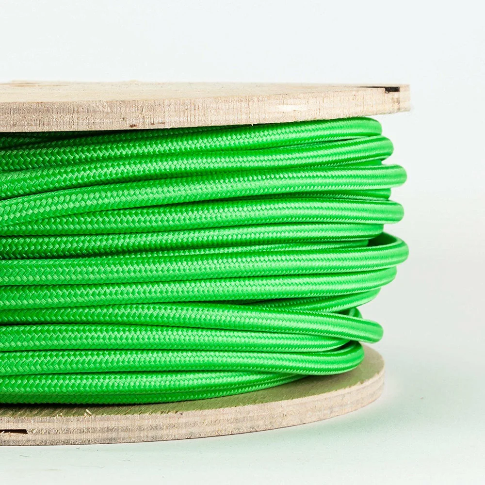 Light green 2 core fabric cable, round braided, 6mm diameter, ready for indoor use