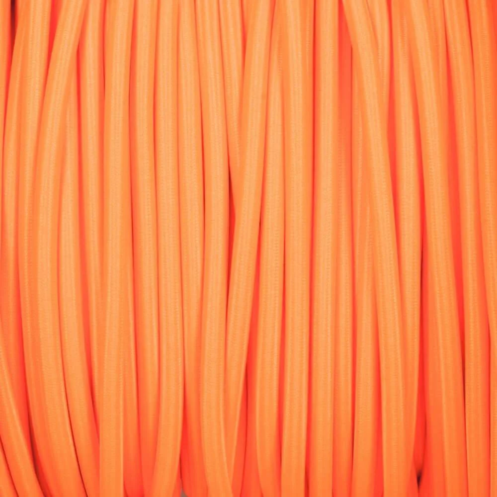 Orange cloth electrical cable with two copper cores, wrapped in braided cloth, 5mm diameter, flexibly coiled.