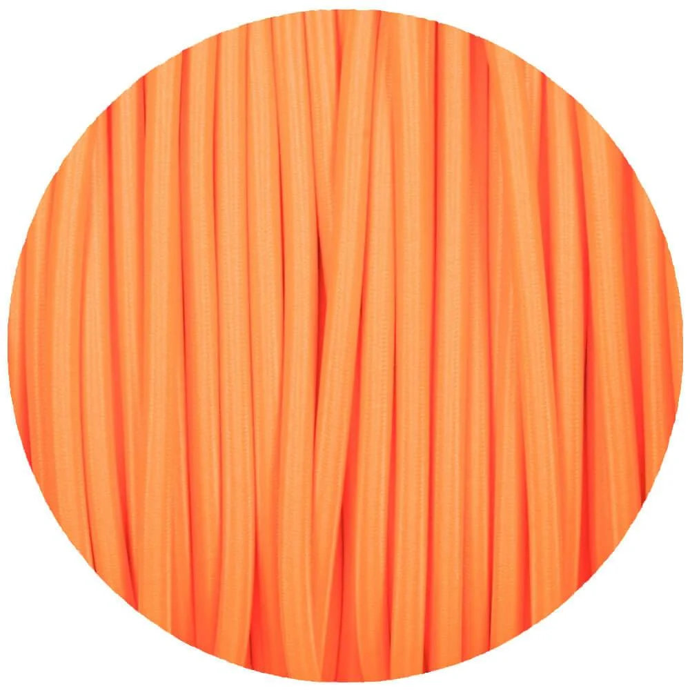 Orange cloth covered cable with braided thread, showing its round 5mm diameter, 2‑core design, suitable for lighting wiring.