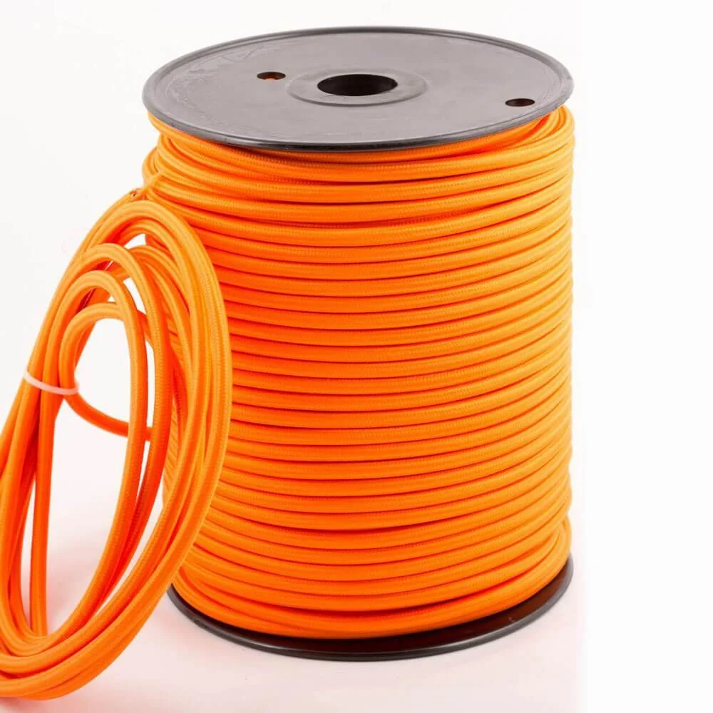 Orange cloth-covered round cable, 5 mm diameter, 2‑core, displayed as a retro lighting cable.