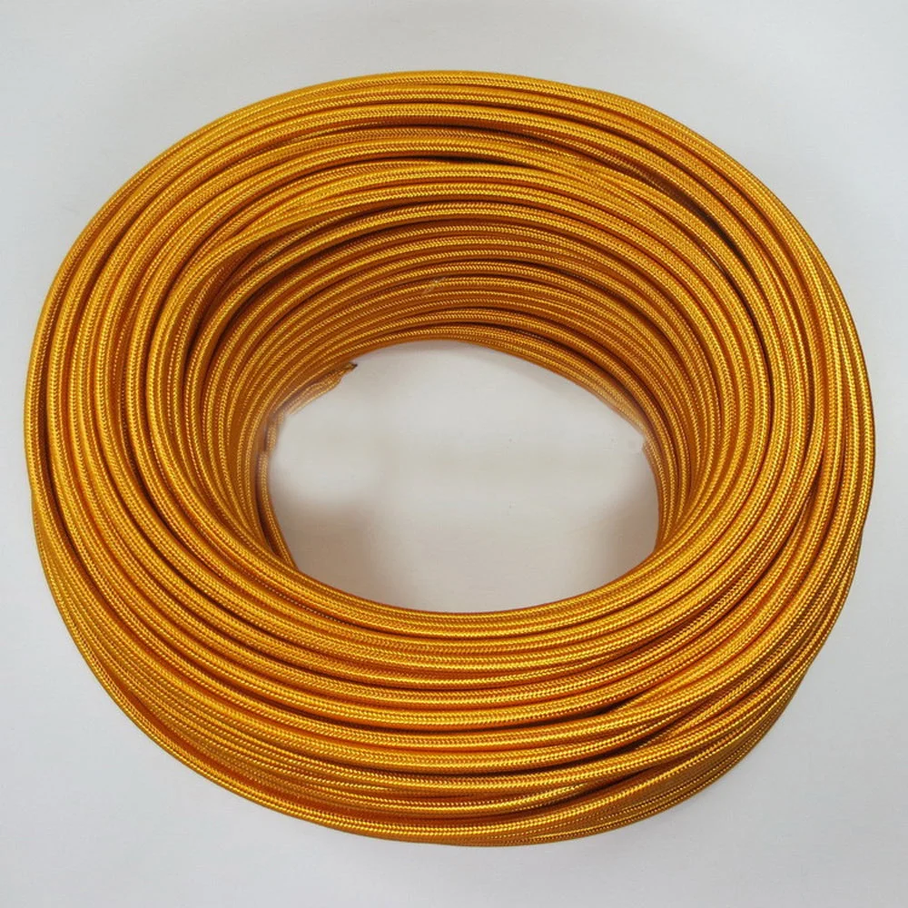 Vintage gold round braided fabric pendant light cord, 0.75mm copper wires, PVC insulated, 5m continuous roll