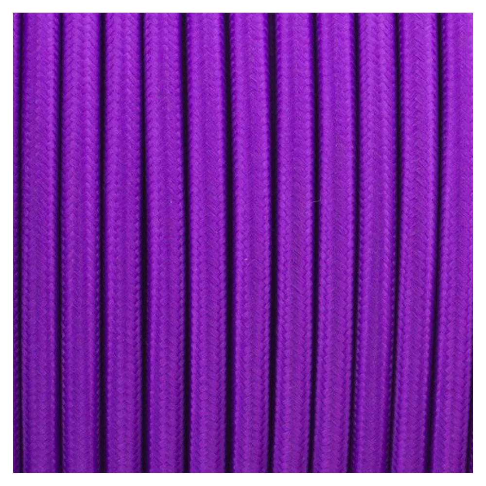Purple braided round fabric lighting cable, 3-core, flexible, 7 mm diameter, showing its tufted surface for indoor fixtures.