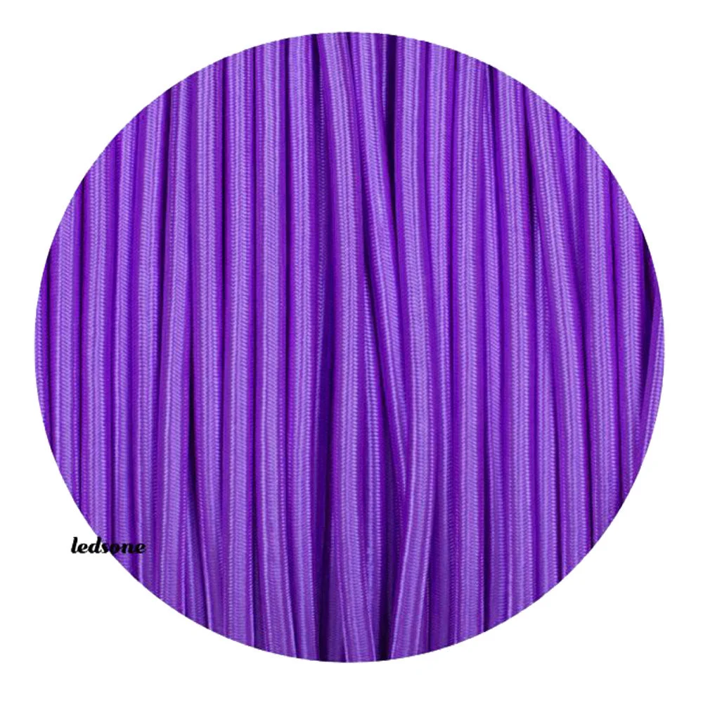 Purple round braided cable with woven fabric cover, 3 cores, 7mm diameter, perfect for indoor lamp wiring.
