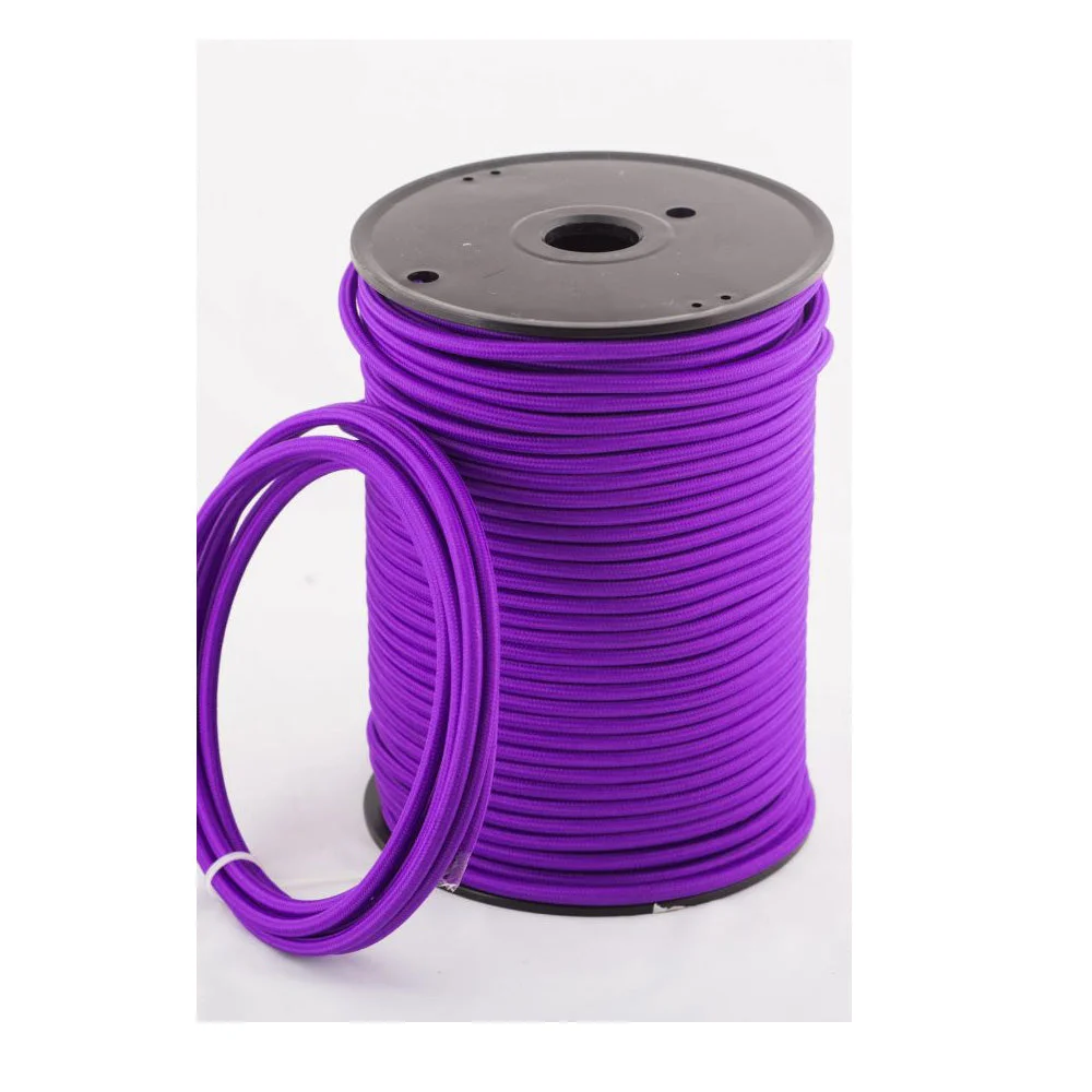Purple round 3‑core indoor lighting cable with braided fabric, flexible and twist‑ready for pendant or table lamps.