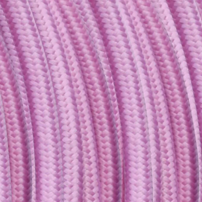 2‑core baby pink fabric cable winding in a neat roll, showing twisted Italian‑braided fabric and 0.75mm copper conductors.