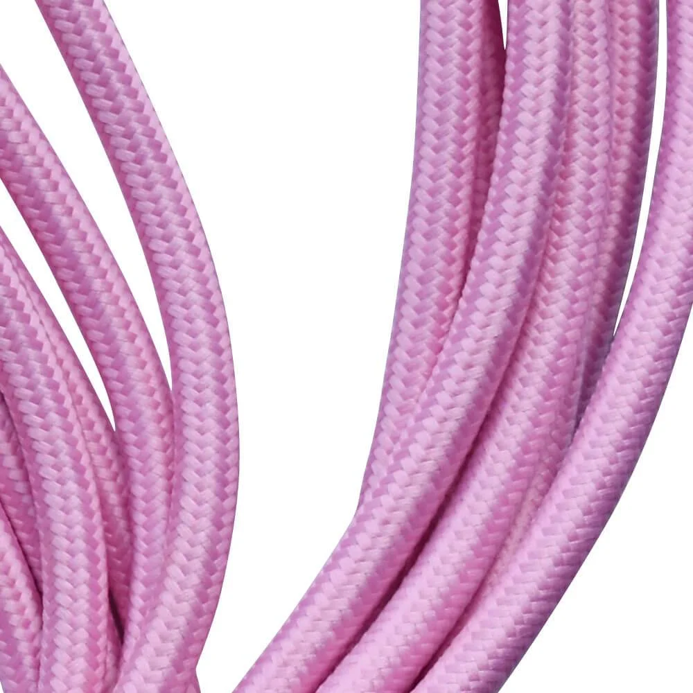 Baby pink twisted fabric cable 2‑core decorative lamp cable, flexible 0.75mm copper conductors, shown on rolling spool.