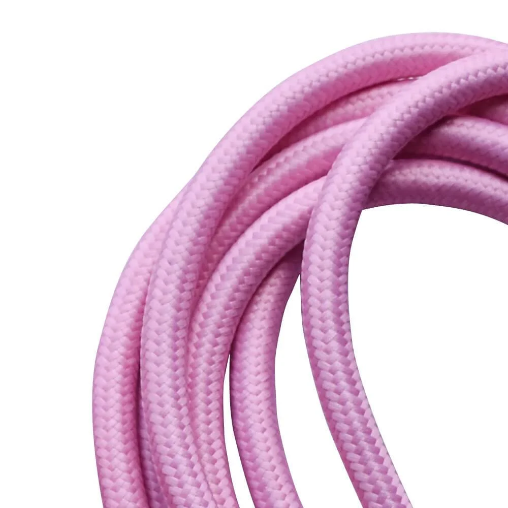 Coiled baby pink fabric cable in a roll, 2-core twisted, exposed PVC insulated copper wires, suitable for lighting.