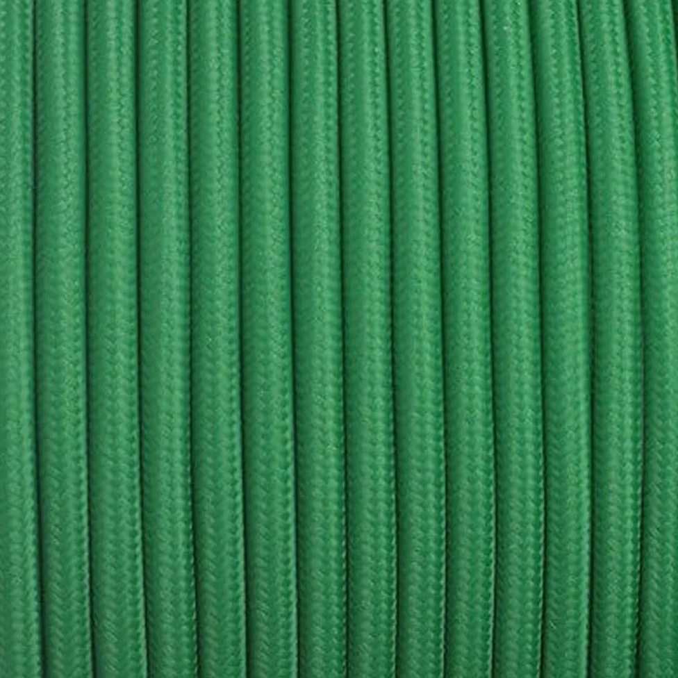 Green fabric lighting cable with round braided design, 2‑core, 1m length, showing soft green fabric cover.