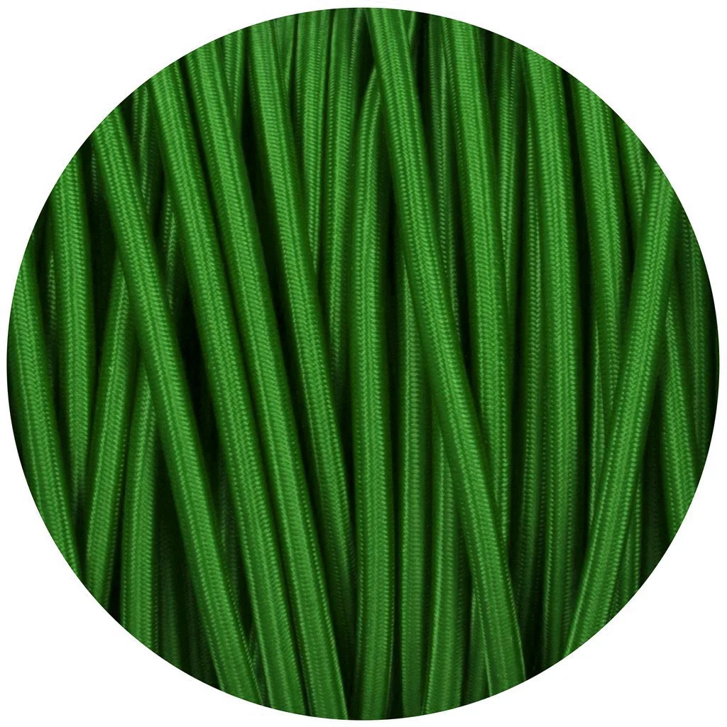 Green round fabric electric cable, 2 core, 1m, braided fabric covering, displayed in a lantern-like pendant lamp setting.