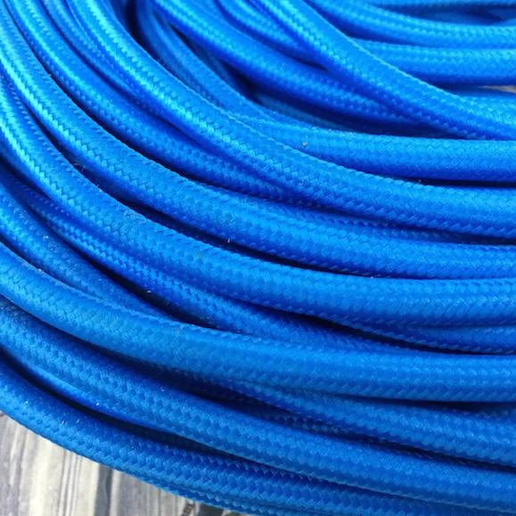 Dark blue round braided cable, 0.75mm copper wires, 2 core, 6mm diameter, soft fabric exterior.
