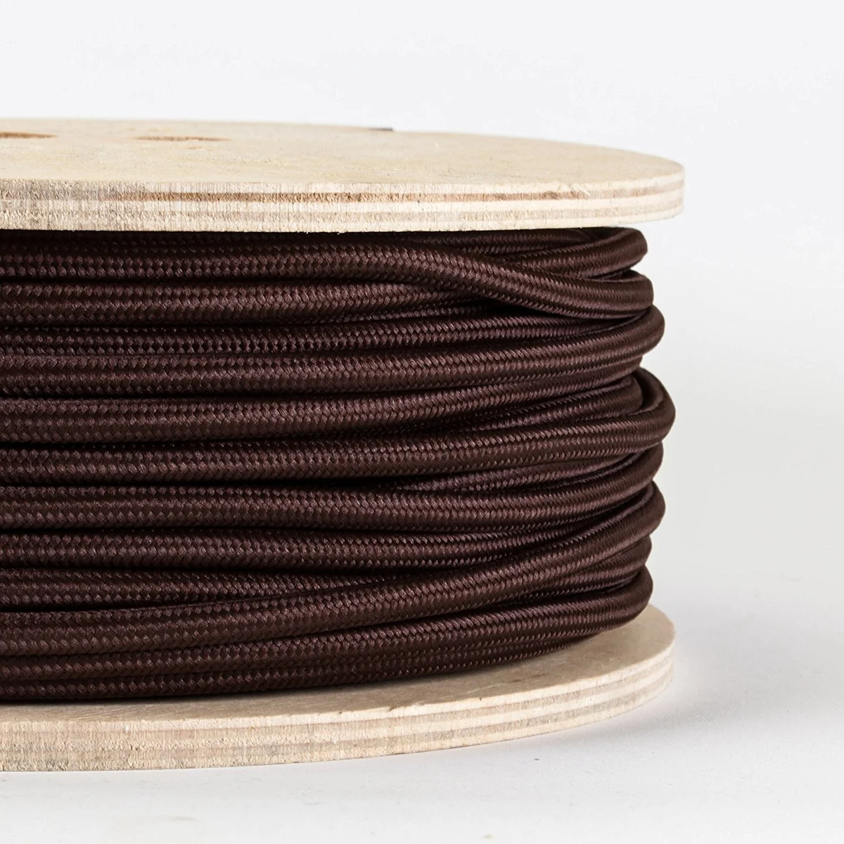 Dark‑brown 2‑core round fabric lamp flex cable, clear PVC insulation, braided fabric sleeve, 8 Amp indoor cord.