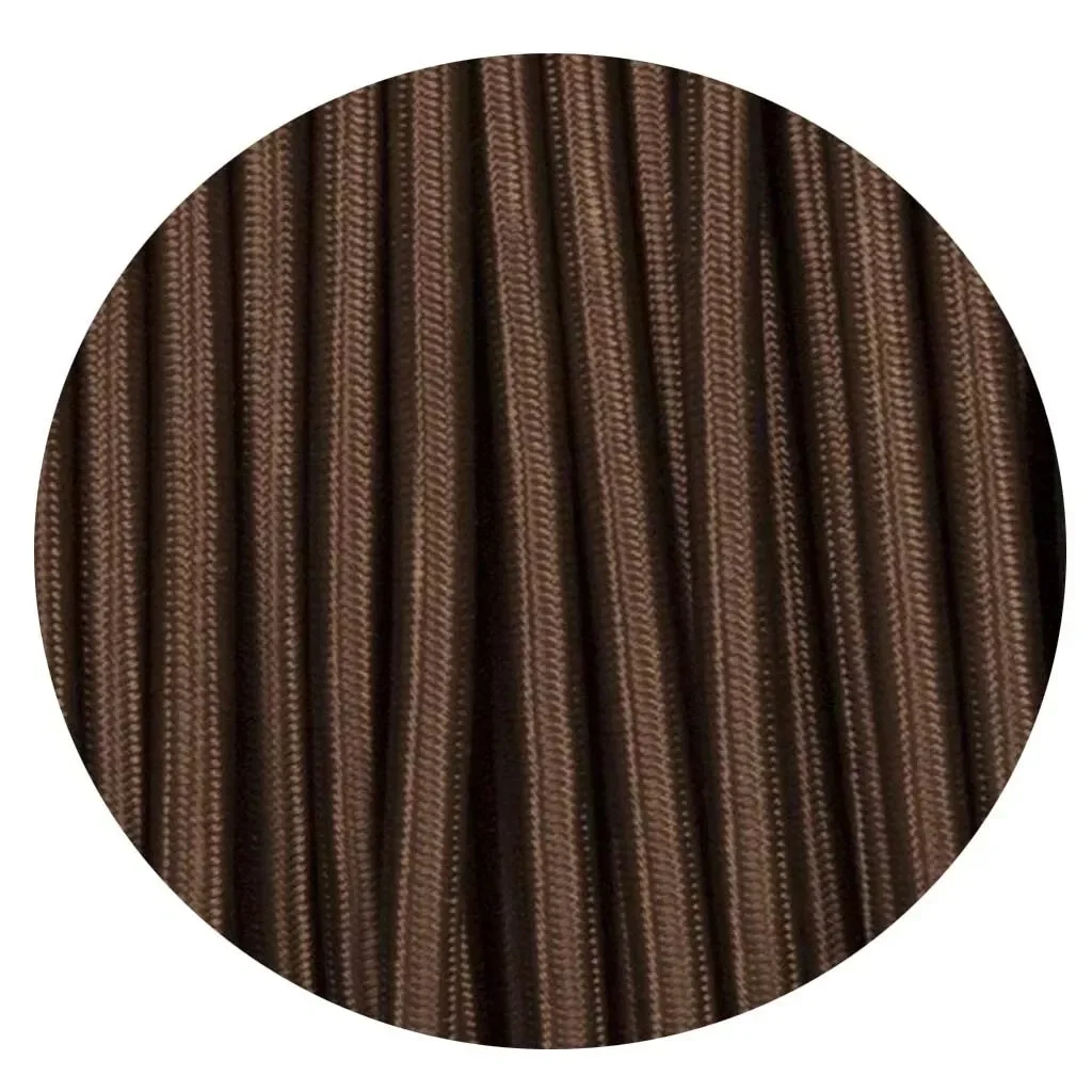 Dark brown fabric lamp cord with smooth round cable, braided texture and exposed metal core.