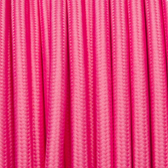 Rose pink fabric lamp cord with cylindrical woven texture and soft pink finish, shown in a rolled bundle.