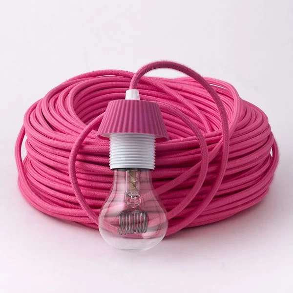 Rose pink round fabric cable, 2-core 8A lamp cord, showing flexible braided design.