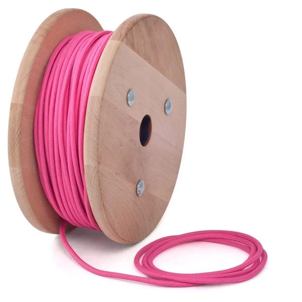 Round rose pink fabric cable roll, 8 Amp, 300 V, 6 mm diameter, Italian braided textile, ideal decorative lamp cord