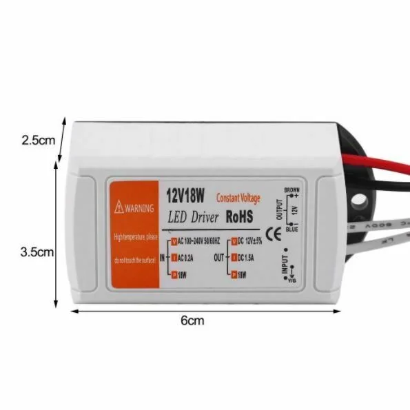 Compact 18W LED power supply in ultra‑slim black ABS housing.