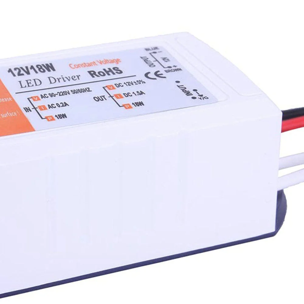 Compact indoor LED power supply, 12V 18W constant voltage driver, ultra‑slim ABS plastic housing.
