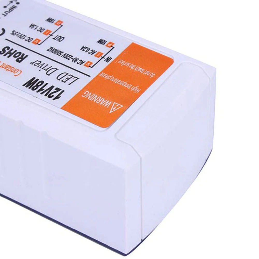 Compact 12V 18W non-dimmable LED driver in flame‑retardant ABS plastic, 60×35×25 mm, white casing.