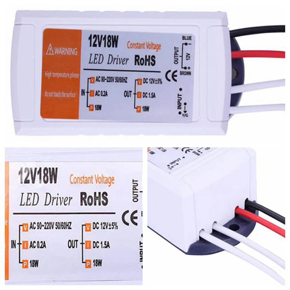 Sleek black 12V LED driver with screw mounting holes, stamped 12V 18W, measuring 60x35x25mm in a compact ABS case.