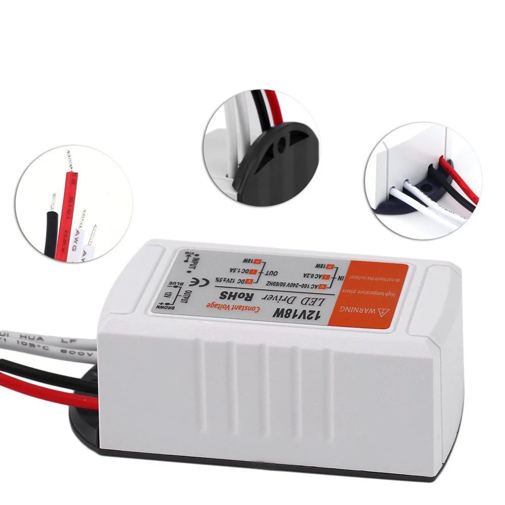 Compact black 12V LED driver (18W) in ABS housing with single output terminal, non‑waterproof, boxed for indoor LED strips