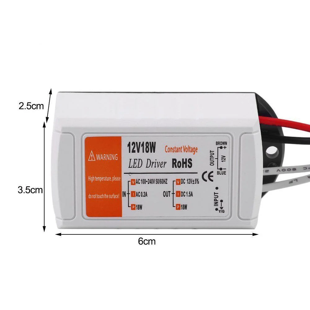 Compact 12V LED driver unit with black ABS housing, 12V output and labelled 18W power rating