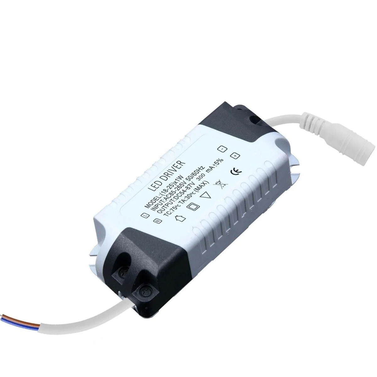 Compact plastic constant current LED driver, 18‑25W, 300mA, with input/output connectors and CE, RoHS labels.