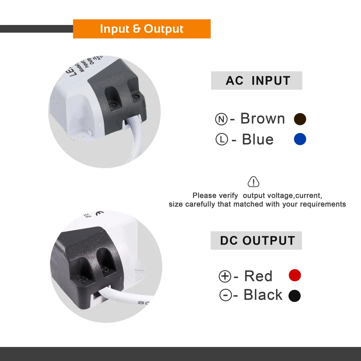 Plastic 18-25W LED driver unit with power rating label, exposed connectors, compact white housing.