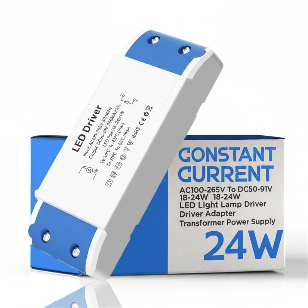 Black plastic 18-24W LED driver with screw‑clamp connectors, rectangular body, labeled 18-24V DC, suitable for LED strips