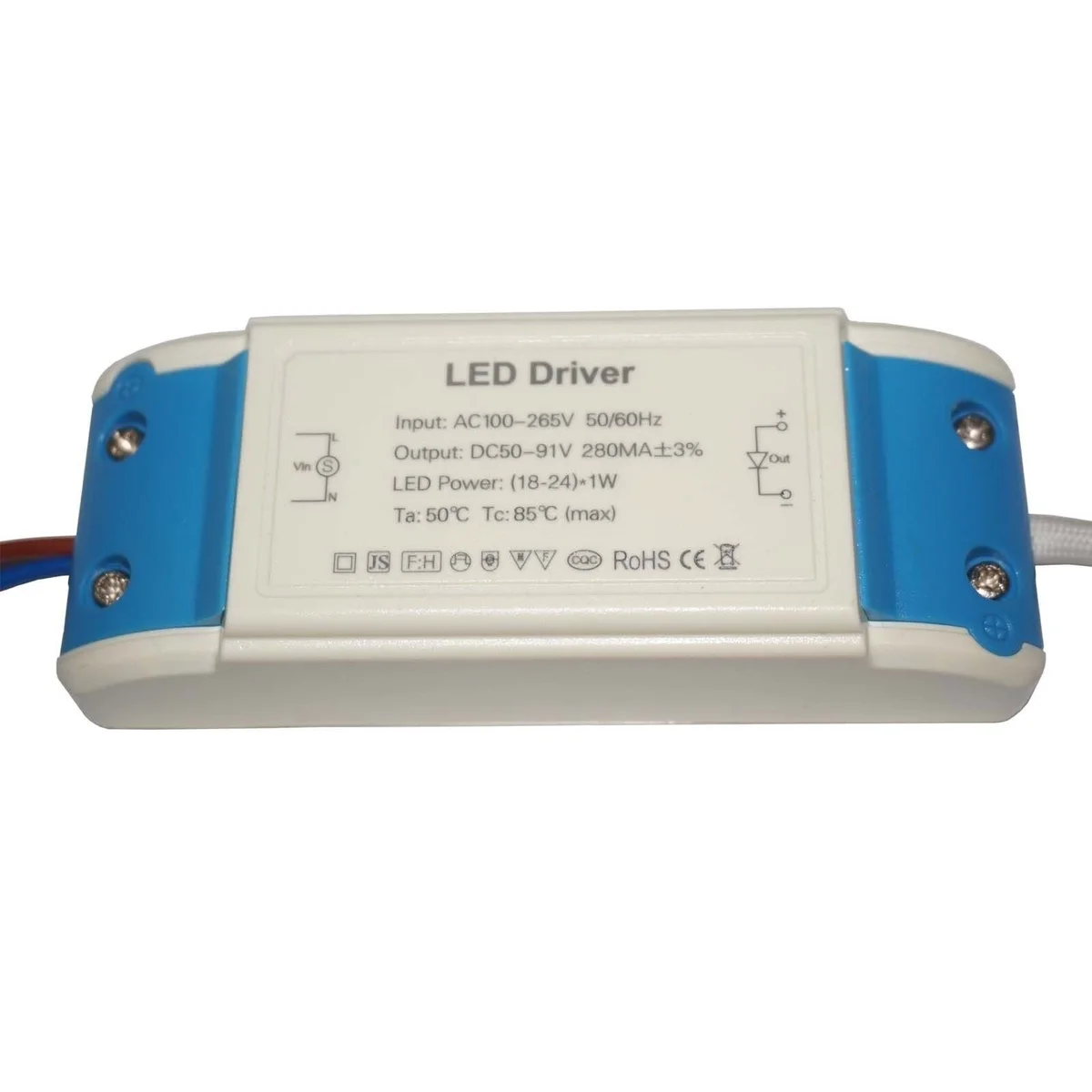 Compact plastic constant current LED driver with screw‑clamp connectors, rectangular shape, labeled DC 50‑91V 18‑24W.