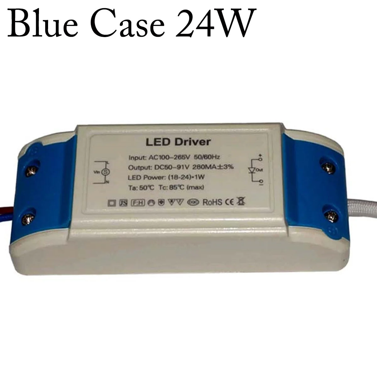 Compact plastic indoor LED power supply with DC output rating, screw‑clamp connectors, and CE/RoHS labels.