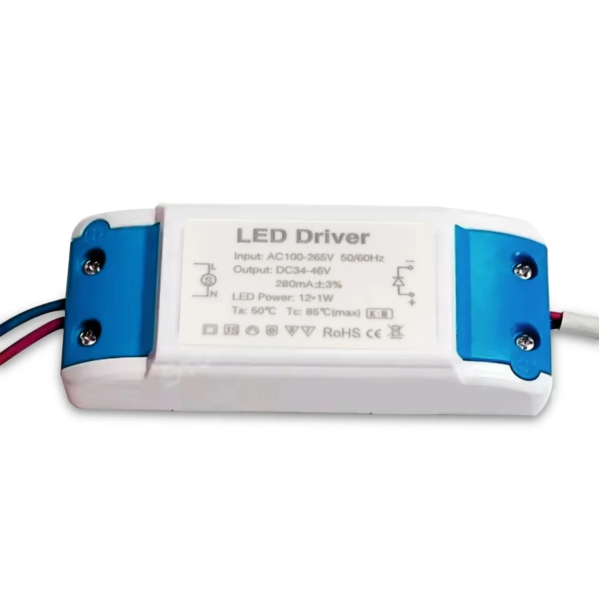 12W LED driver in black plastic case, compact design with label showing input 100‑265V output 34‑46V