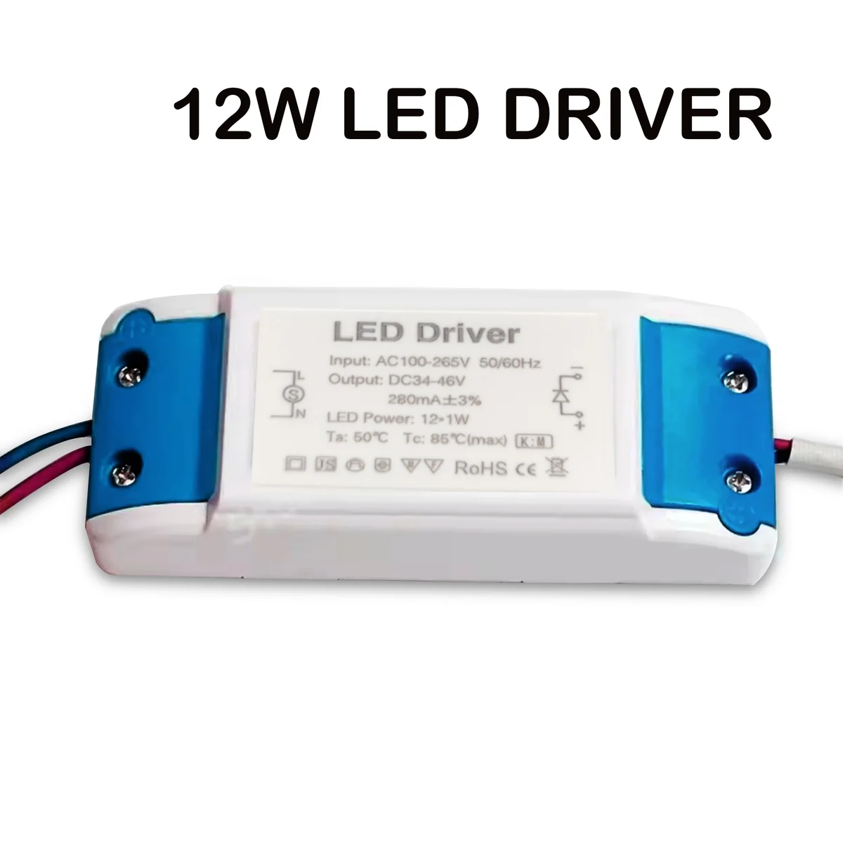 Compact 12W constant current LED driver (280mA) showing black plastic case with screw and ports.