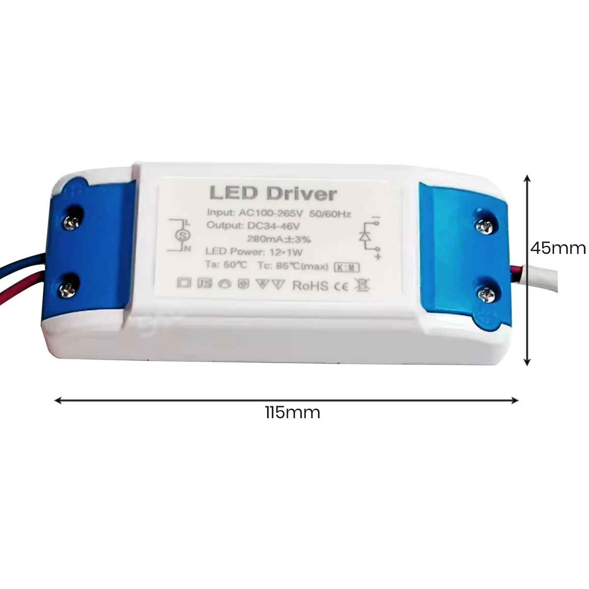 Compact LED power supply 280mA with 12W LED driver and small metal casing, labeled 34–46V output.