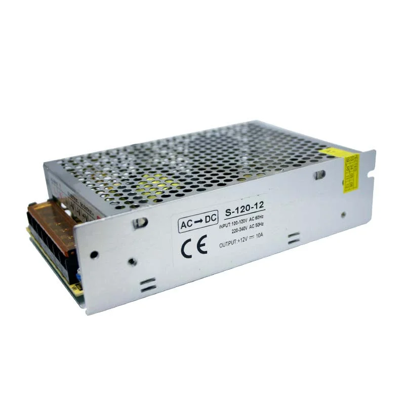 Rugged aluminium‑honeycomb 12V switching power supply with sliding fan, three screw‑block outputs, 120W rating, wall‑mounted design.
