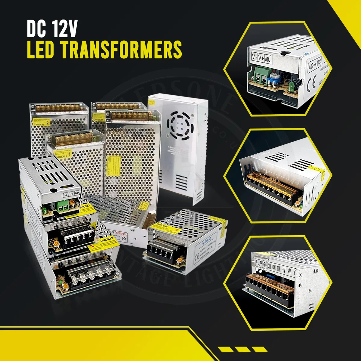 Rugged 120W 12V switching power supply with aluminium honeycomb shell, integrated cooling fan and triple output terminals.