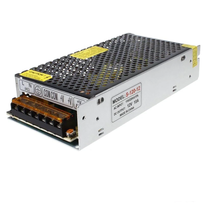 Aluminium alloy power supply with honeycomb shell, built‑in fan, triple‑output terminals, labelled 12V switching power supply.