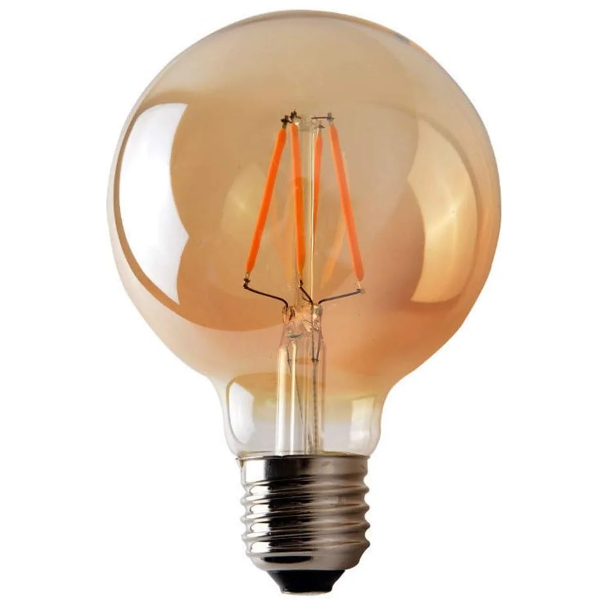 Vintage LED bulb in G80 amber glass globe shape with visible LED filament and E27 base.