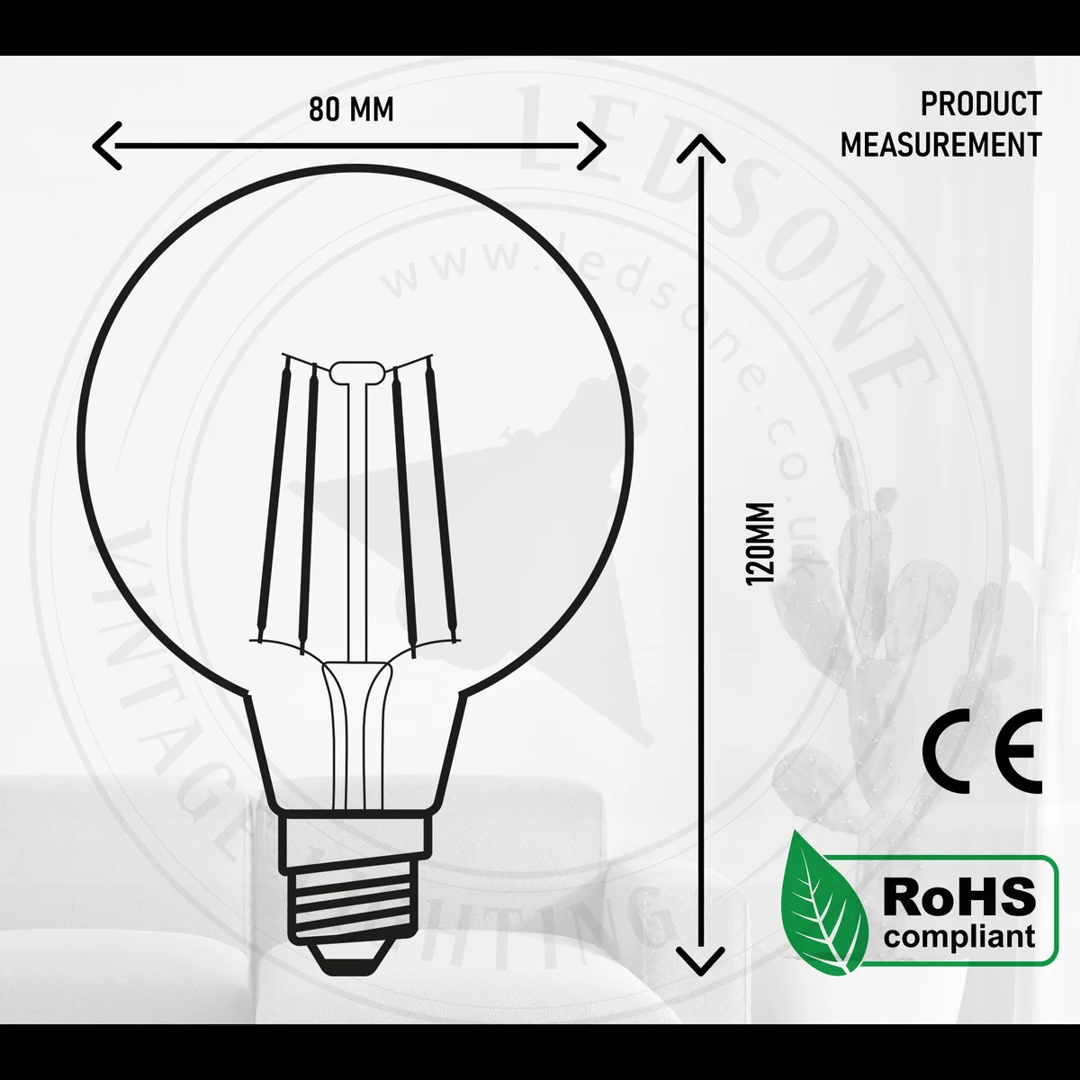 E27 LED bulb with amber coated glass globe, 4W vintage LED filament, warm white, dimmable, round G80 shape.