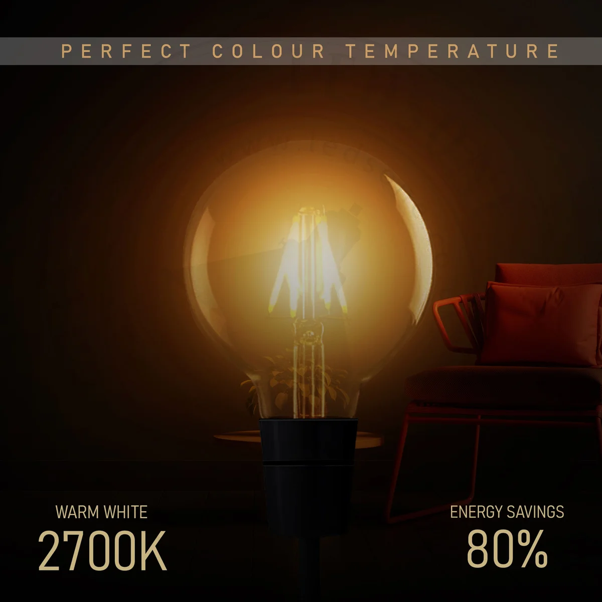 Vintage G80 sphere bulb with amber glass coating, E27 base, labelled 4W LED filament bulb
