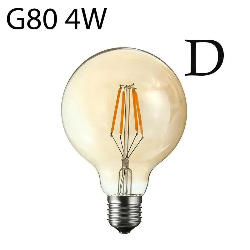 G80 globe bulb: 4W amber glass LED filament, dimmable, E27 base, warm white 2700K, suited for indoor fixtures.