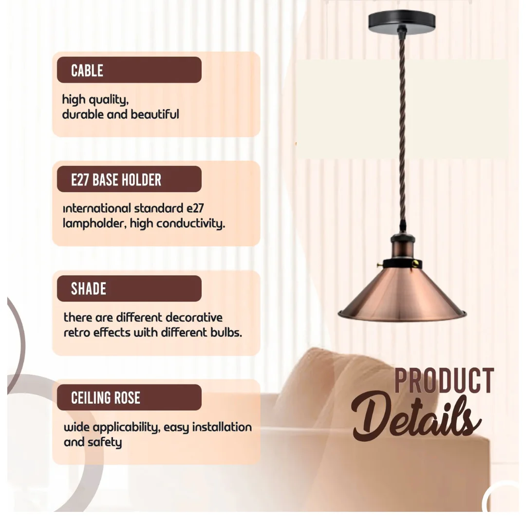 Industrial cone lamp with copper‑plated metal shade hanging from adjustable black fabric cord