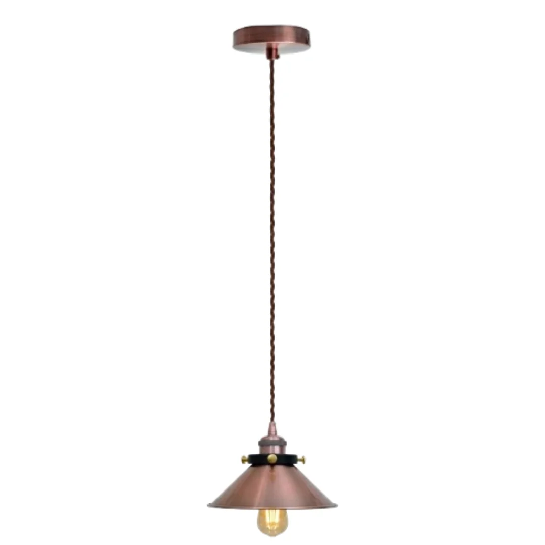 Adjustable pendant light with copper conical shade hanging on black fabric cable.