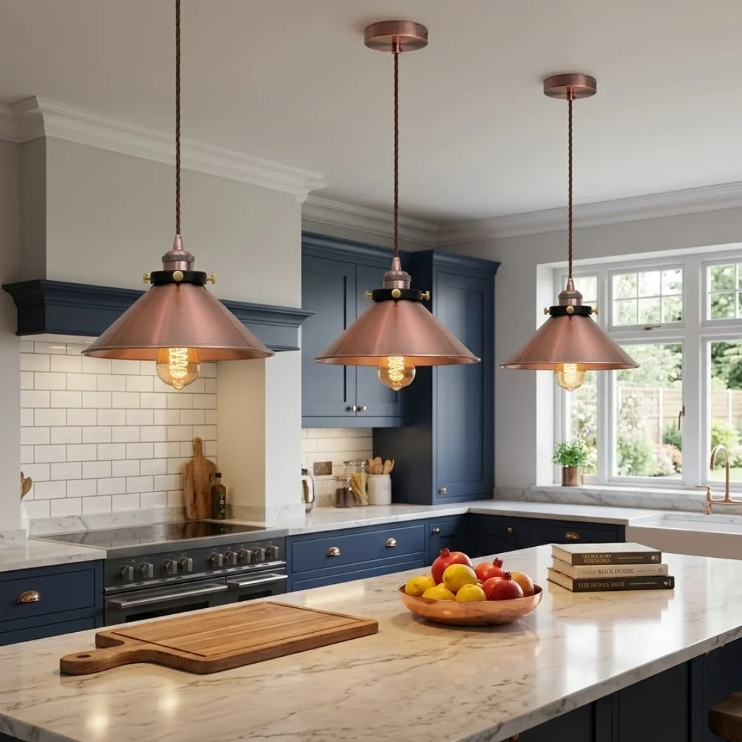 Copper cone pendant light with 22cm metal shade, 2m adjustable braided cord, E27 socket ceiling light.