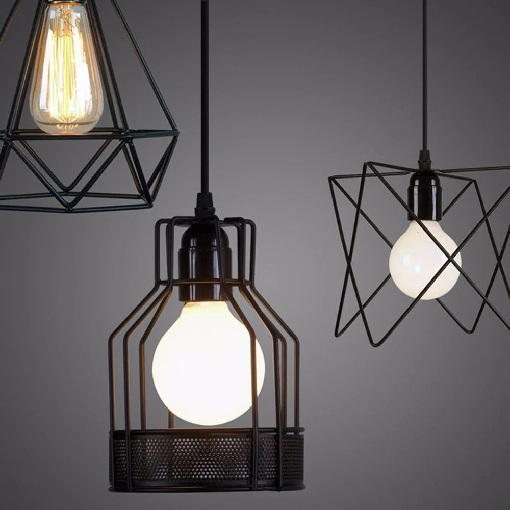 Black pendant light with wire cage, black fabric cable, round canopy, 14 cm shade, 100 cm cable.