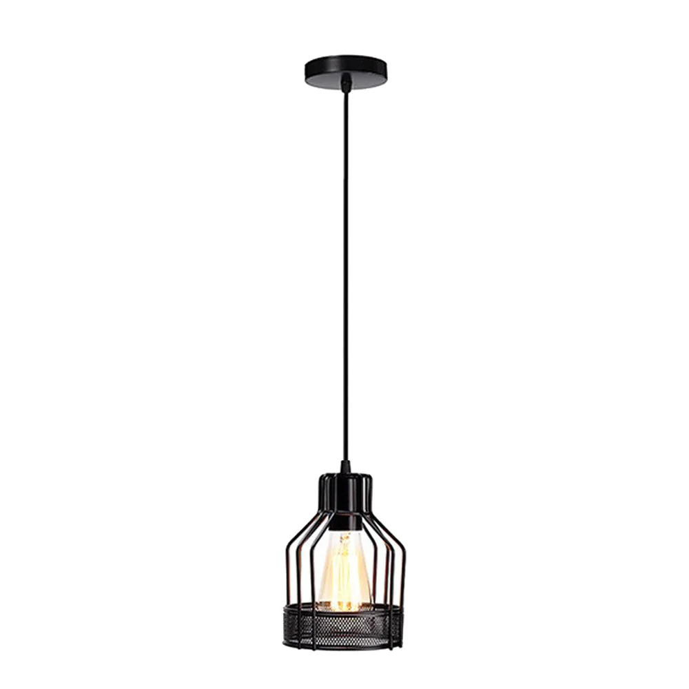 Black industrial pendant light with wire cage, 14 cm black shade, 24 cm height, 100 cm fabric‑covered cable.