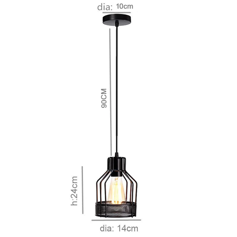 Black pendant lamp with wire cage, round black shade, 14cm diameter, 100cm black fabric cord, vintage ceiling light style.