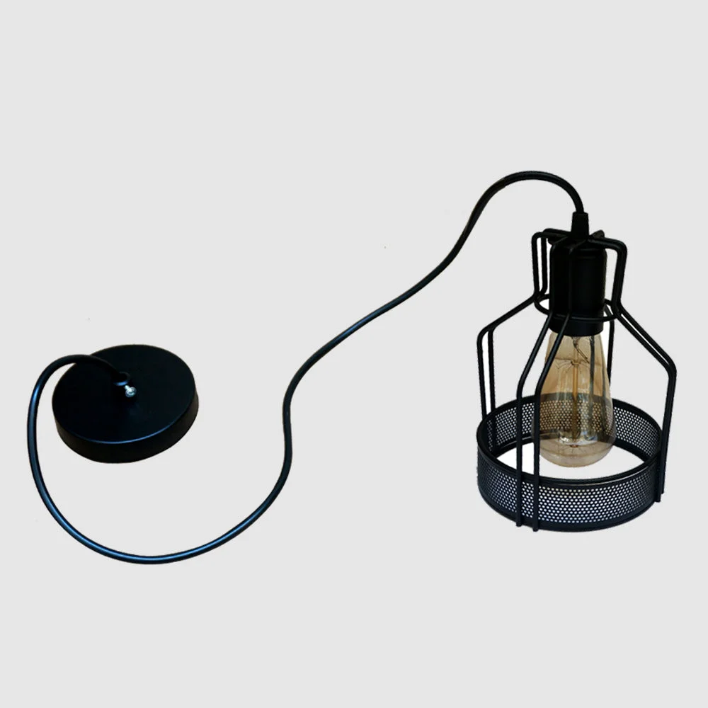 Black E27 socket pendant light with round 14 cm shade, 24 cm height, hanging from 100 cm black fabric wire cable.