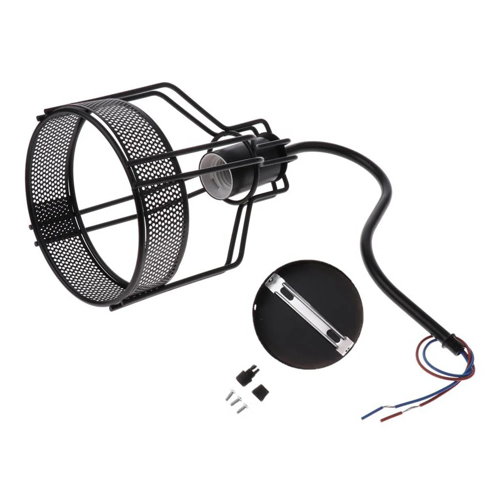 black wire cage light hanging from ceiling with black fabric shielded pendant, round canopy, 14 cm shade, 100 cm cable