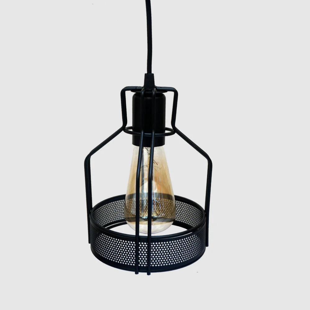 Black round pendant light with a fabric cable pendant, wire cage, 14cm diameter shade, 24cm height, hanging 100cm.